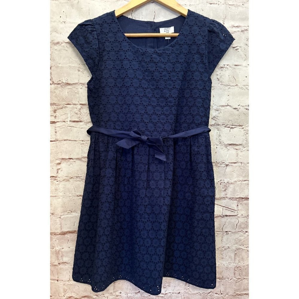 Crown & Ivy Kids Girls Dress Navy Blue Fit & Flare Eyelet Tie Waist Bow Size 16